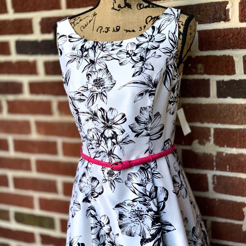 White floral dress with pink belt - retro!